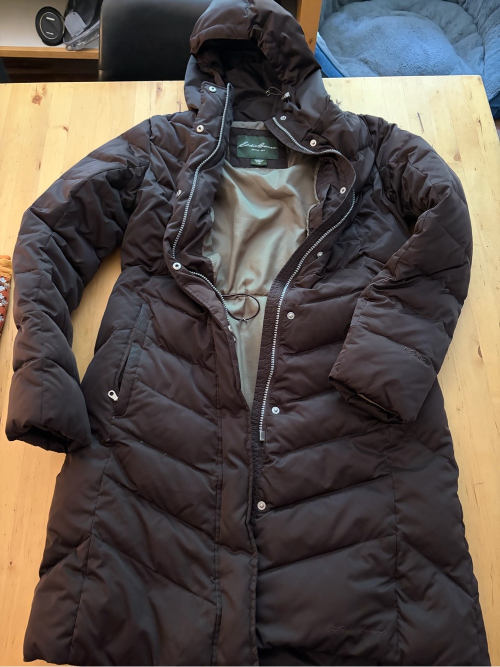 Eddie Bauer Dark Brown Long Puffer Coat with Hood